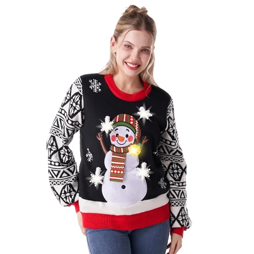 JOYIN Weihnachts-Frauen-Schneemann-schwarzer hässlicher Pullover, Glühbirnen-LED-Leucht-Weihnachtspullover, hässlicher Weihnachtspullover und Strickpullover für Frauen-L von JOYIN