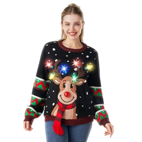 JOYIN Womens LED Light Up Reindeer Ugly Christmas Sweater Built-in Glühbirnen (schwarz, groß) von JOYIN