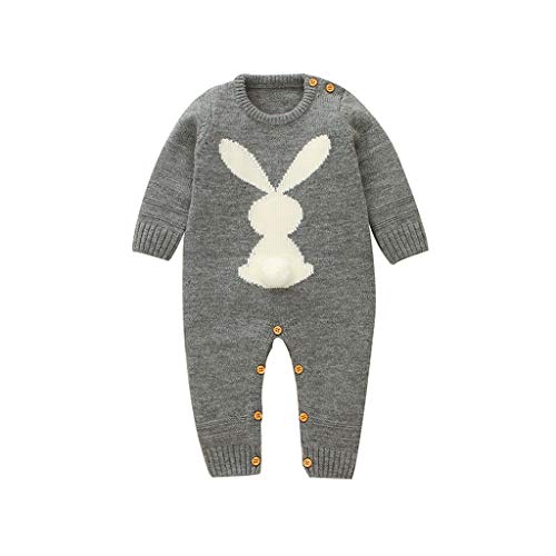 Babystrampler Jungen Mädchen Baumwolle Overall Strick Langarm Bodysuit Kaninchenmuster Knopfleiste Strickoverall Fleece Schlafoverall Jungen Babykleidung Walkoverall für Herbst und Winter(Grau,100) von JOYISURE