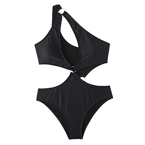 Badeanzug Damen Sexy Bikini Cutout Einteiliger Bikini Sexy Dünn Monokini mit Ring Tiefer V-Ausschnitt Einteilige Bademode Swimsuit Crossover Zurück Frauenbadeanzug UV-Schutz Neoprenanzug(Schwarz,S) von JOYISURE