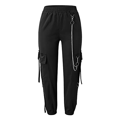 Freizeithosen Damen Cargo Hose mit Kette Schwarze Hip Hop Haremshose Sweathose Teenager Mädchen Jogginghose Cargohose Multi Taschen Sport Hosen Mode Kordelzug Yogahose Streetwear(Schwarz,L) von JOYISURE