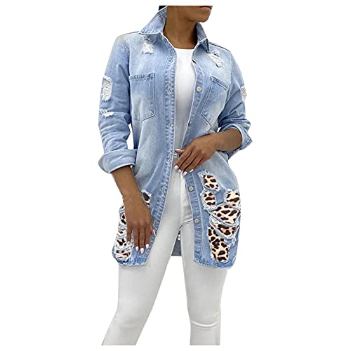 JOYISURE Damen Jeansjacke Oversized Langarm Boyfriend Denim Jacke Leopard Loch Übergangsjacke Casual Lang Jacke Revers Vintage Mantel Destroyed Jeans Jacket mit Löchern(Hellblau,M) von JOYISURE