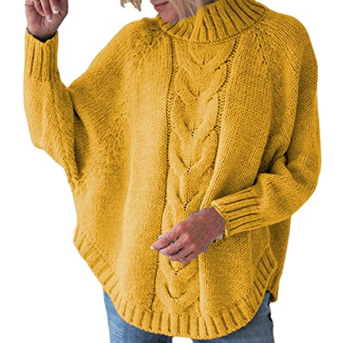 JOYISURE Damen Rollkragenpullover Basic Fledermausärmeln Pullover Loser Zopfmuster Strickpullover Oversize Jumper Strick Pulli Winter Gerippter Grobstrickpullover Irregulär Sweater(Gelb,3XL) von JOYISURE