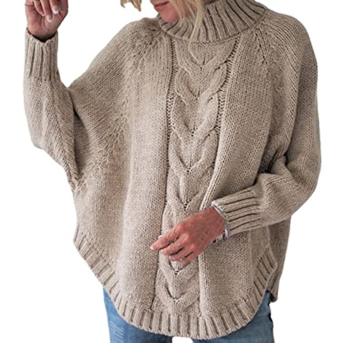 JOYISURE Damen Rollkragenpullover Basic Fledermausärmeln Pullover Loser Zopfmuster Strickpullover Oversize Jumper Strick Pulli Winter Gerippter Grobstrickpullover Irregulär Sweater(Khaki,XXL) von JOYISURE