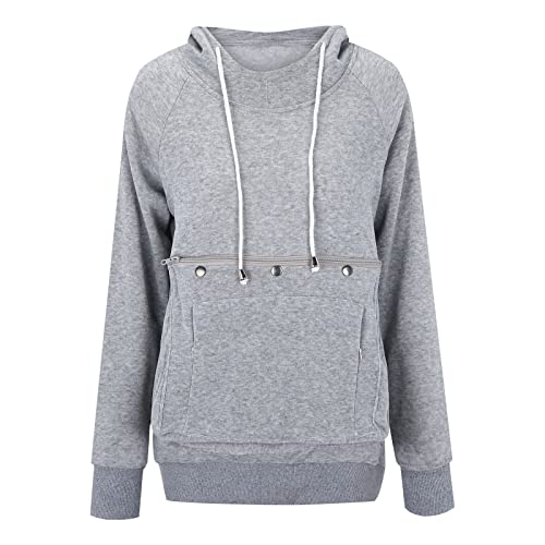 JOYISURE Haustier Hoodie Damen Fleece Kapuzenpullover Tragbares Haustieroberteil Übergröße Pullover Katze Sweatshirt Hoodie Katzenpulli Tops mit Katzen Hund Großen Känguru Tasche(Grau,XXL) von JOYISURE