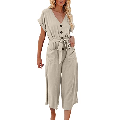 JOYISURE Overall Damen 3/4 Lang Jumpsuit mit Weitem Bein Schulterfrei Kurzarm Strampler Elastischer Bund Romper Leicht Freizeit Hosenanzug Lässiger Einfarbiger Playsuit mit Gürtel(Beige,L) von JOYISURE