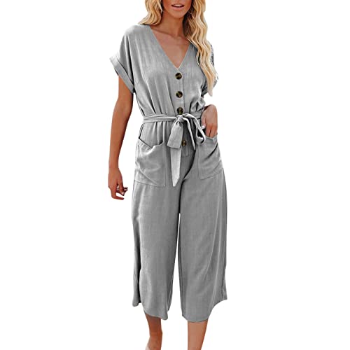 JOYISURE Overall Damen 3/4 Lang Jumpsuit mit Weitem Bein Schulterfrei Kurzarm Strampler Elastischer Bund Romper Leicht Freizeit Hosenanzug Lässiger Einfarbiger Playsuit mit Gürtel(Grau,S) von JOYISURE
