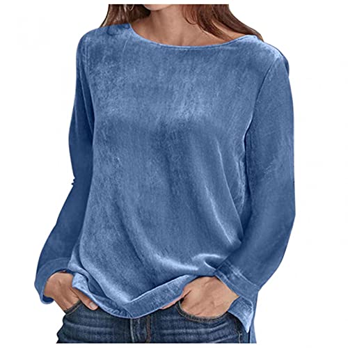 JOYISURE Samt Rundhalspullover Damen Pullover Elegant Einfarbig Langarmshirt Ladies Oversized Velvet Crew Sweatshirts Mode Bequem Lose Oberteile Basic Button Top(Blau,L) von JOYISURE