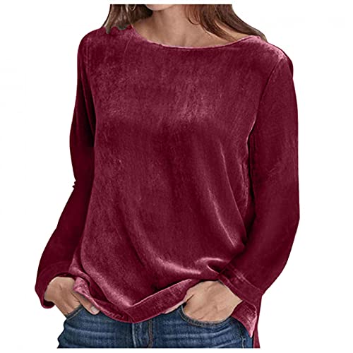 JOYISURE Samt Rundhalspullover Damen Pullover Elegant Einfarbig Langarmshirt Ladies Oversized Velvet Crew Sweatshirts Mode Bequem Lose Oberteile Basic Button Top(Rosa,L) von JOYISURE