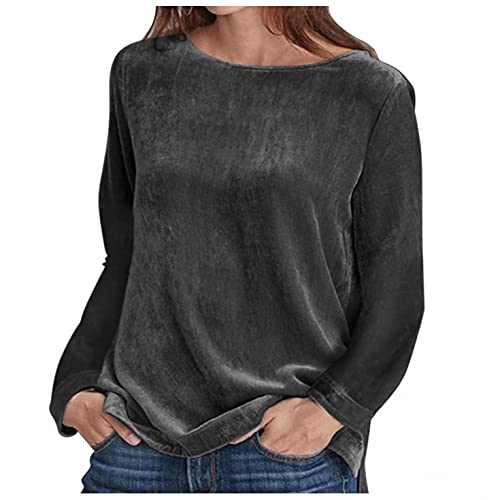 JOYISURE Samt Rundhalspullover Damen Pullover Elegant Einfarbig Langarmshirt Ladies Oversized Velvet Crew Sweatshirts Mode Bequem Lose Oberteile Basic Button Top(Schwarz,XL) von JOYISURE