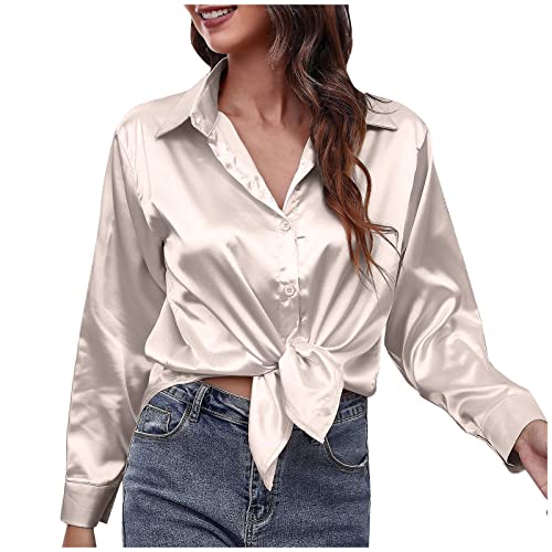 JOYISURE Satin Bluse Damen Glänzend Elegant Einfarbige Seidenhemd Temperament Hemdbluse Hemd Reverskragen Basic Langarmshirt Classic Lose Oberteil Schlank Tunika Shirts mit Knöpfen(Beige,L) von JOYISURE