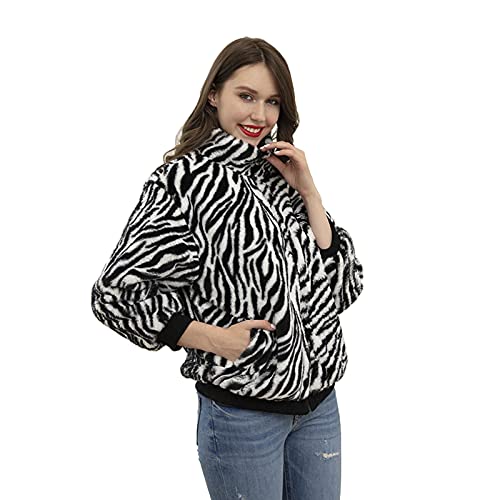 JOYISURE Winterjacke Damen Kurz Winterparka Zip Plüschjacke Ohne Kapuze Schwarz-weißes Zebramuster Kunstpelz Jacke Winter Elegant Warm Fleecejacke Vintage Kuschelfleece Jacke Mantel(Schwarz,XL) von JOYISURE