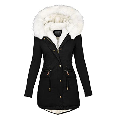 JOYISURE Winterjacke Damen Schwarz Mit Fell | Weiß Teddyfell Gefütterte Winterparka Tunika Fleecejacke Elegant Schmale Outdoor-Plüschjacke Lässig Dicker Steppmantel mit Pelzkragen(Schwarz,4XL) von JOYISURE