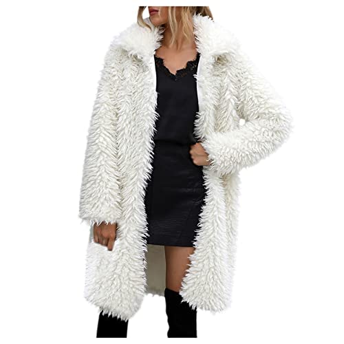 JOYISURE Wintermantel Damen Flauschig Weiße Lange Revers Kunstpelz Parka Coat Mode Bequem Plüschjacke Oversize Samtjacke Teddy Fleecejacke Kunstpelz Mantel Fellimitat-Jacken(Weiß,M) von JOYISURE