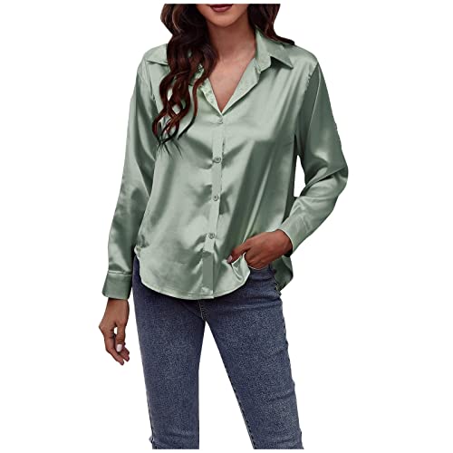 Satin Bluse Damen Glänzend Elegant Einfarbige Seidenhemd Temperament Hemdbluse Hemd Reverskragen Basic Langarmshirt Classic Lose Oberteil Schlank Tunika Shirts mit Knöpfen(Grün,M) von JOYISURE