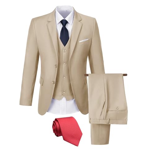 Herren Anzug 3 Stück Slim Fit Hochzeitsanzug für Männer Formale Abschlussball Smoking Bussiness Anzug Jacke Weste Hose mit Krawatte, Champagner, XS von JOYLYJOME