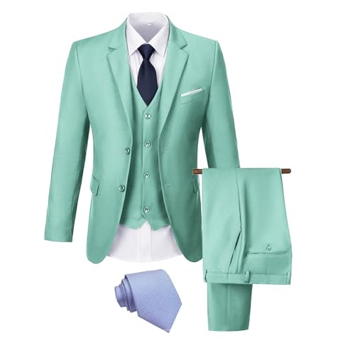 Herren Anzug 3 Stück Slim Fit Hochzeitsanzug für Männer Formale Abschlussball Smoking Bussiness Anzug Jacke Weste Hose mit Krawatte, Mintgrün, XS von JOYLYJOME