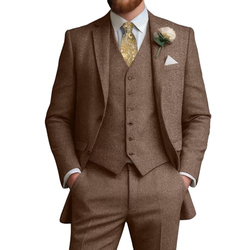 JOYLYJOME 3 Stück Tweed Herrenanzüge Slim Fit Hochzeit Anzug Bräutigam Abschlussball Braun Wolle Anzug für Männer Smoking Jacke Weste Hosen Set, Helles Braun, L von JOYLYJOME