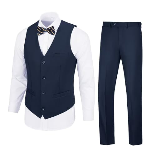 JOYLYJOME Herrenanzug, 2-teiliges Set, schmale Passform, formell, Business, Hochzeit, Anzugweste, Hose für Männer, Marineblau, L von JOYLYJOME