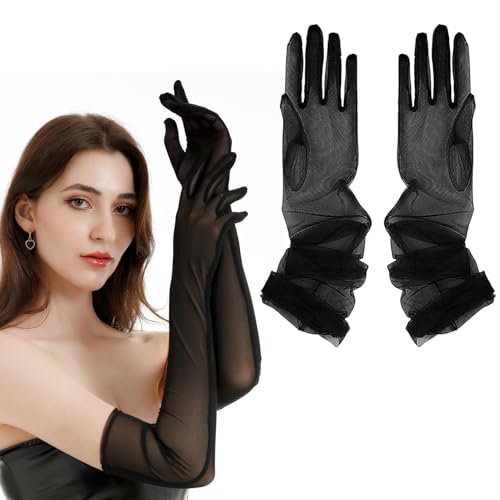 JOYOLA 2 Paar Damen Lange Tüll Handschuhe Schwarz, Opera Party Handschuhe Halb Transparent, Vintage Nahtlose Handschuhe, Lange Handschuhe Damen für Teeparty Halloween Abend Abschlussball Opernparty von JOYOLA
