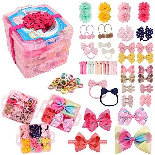 JOYOYO 3 Schicht Kleinkind Mädchen Geschenkbox von Haar Zubehör, Umfasst Baby Haarschleifen Baby Stirnbänder Haargummis Haar Schleifen von JOYOYO