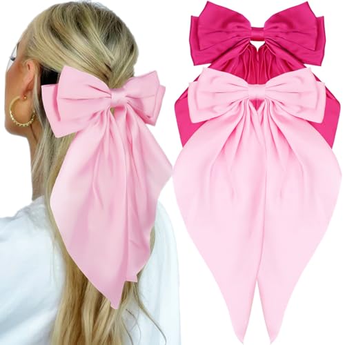 Pinke Haarschleifen für Frauen und Mädchen, Hot Pink Schleifen für Haarschleifen, 2 Stück Satin-Haarschleifen mit langem Schwanz, Krokodil-Haarspangen, große Haarschleifen für Mädchen, von JOYRUBY