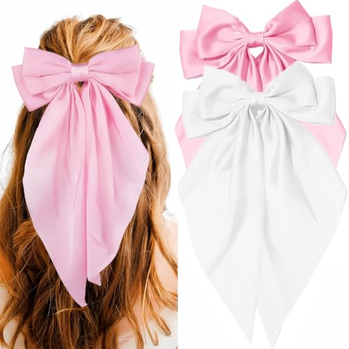 Weiße Haarschleife, rosa Haarschleifen, 2 Stück, große Schleifen für Mädchen, weiße Schleife für Haarspangen, rosa Schleifen für Haare, Satin-Haarschleifen mit langem Schwanz, Krokodilklemmen, von JOYRUBY