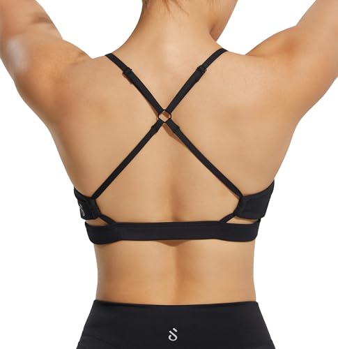 JOYSPELS Damen Open Back Sport BH Strappy Medium Support Fitness Gym Casual Crop Tops mit abnehmbaren Pads, Schwarz, small von JOYSPELS