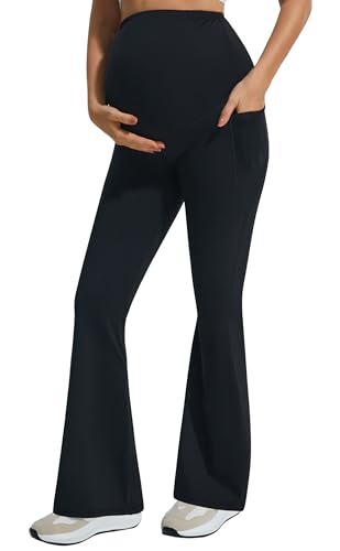 JOYSPELS Flare Umstandsleggings über dem Bauch mit Taschen, cremig, weich, dehnbar, Bootcut, Schwangerschaft, Yogahose, Schwarz, XX-Large von JOYSPELS