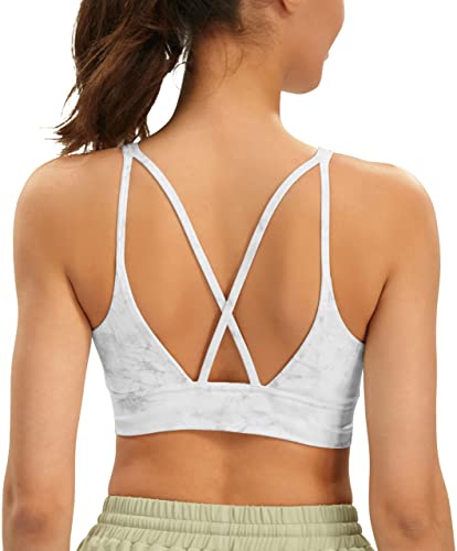 JOYSPELS Geraffte lange Sport-BHs für Damen, mittlere Unterstützung, Racerback, gepolstertes Workout, bauchfreies Tanktop, Weißes Relief gedruckt - 1, X-Large von JOYSPELS