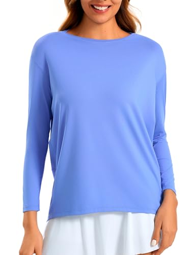 JOYSPELS Langärmeliges Workout-Top aus Eisseide, mit U-Boot-Ausschnitt, lockere Passform, athletisch, Laufen, Fitnessstudio, Yoga, Azurin, Groß von JOYSPELS