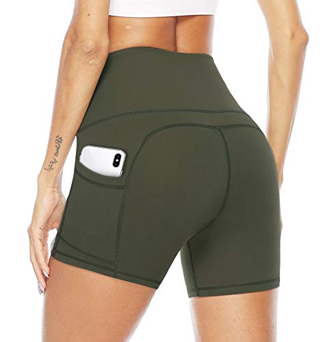 JOYSPELS Kurze Sporthose Damen Leggins Kurz Radlerhose Blickdicht High Waist mit Taschen Sommer Yoga Leggings Yogahose für Training Lauf Gym Yoga Fitness Grün M von JOYSPELS