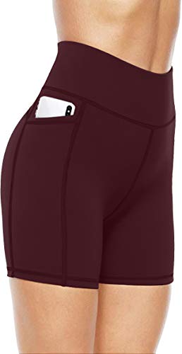 JOYSPELS Kurze Sporthose Damen Leggins Kurz Radlerhose Blickdicht High Waist mit Taschen Yoga Leggings Yogahose, Cassis, XL von JOYSPELS