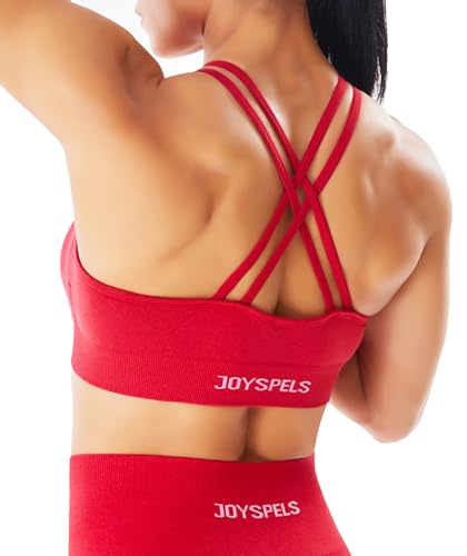 JOYSPELS Nahtloser Sport-BH für Damen, Riemchen, gekreuzter Rücken, Workout, Fitness, Yoga-BH, mittlere Unterstützung, mit herausnehmbaren Pads, Kirschrot, Large von JOYSPELS