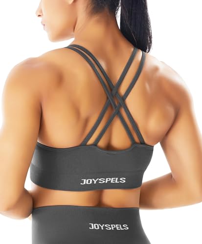 JOYSPELS Nahtloser Sport-BH für Damen, Riemen, gekreuzter Rücken, Workout, Fitness, Yoga, BH, mittlere Unterstützung, Dunkel_Grau, Medium von JOYSPELS