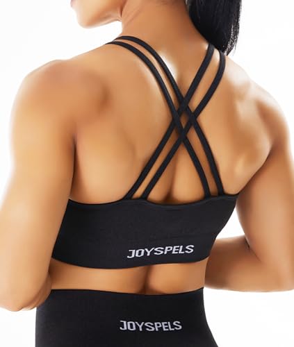 JOYSPELS Nahtloser Sport-BH für Damen, Riemen, gekreuzter Rücken, Workout, Fitness, Yoga, mittlere Unterstützung, Schwarz, Medium von JOYSPELS