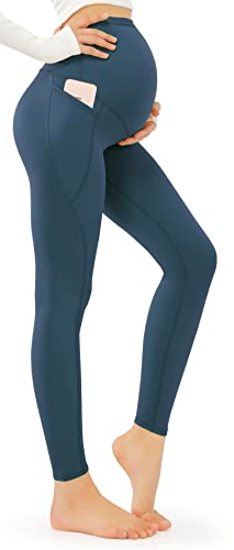 JOYSPELS Schwangerschafts-Leggings über dem Bauch mit Taschen, nicht durchsichtig, Workout, Schwangerschafts-Leggings, Blaugrün, Blau, X-Klein von JOYSPELS