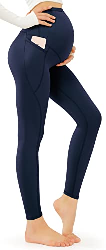 JOYSPELS Umstandsleggings über dem Bauch mit Taschen, Nicht durchsichtig, Workout-Schwangerschafts-Leggings, Navy, XL von JOYSPELS