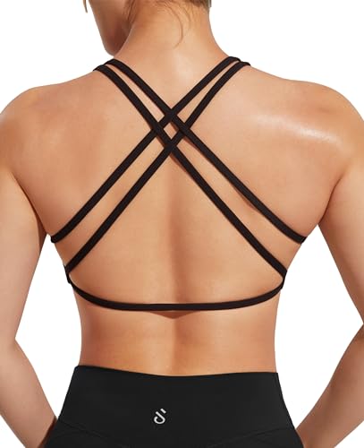 JOYSPELS Seidig glatte Komfort-Sport-BHs für Damen, offener Rücken, gepolstert, mittlere Unterstützung, Workout-Tops, Schwarz, Large von JOYSPELS