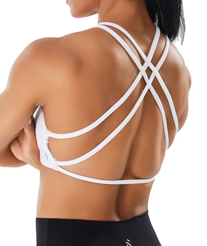 JOYSPELS Seidig glatte Komfort-Sport-BHs für Damen, offener Rücken, gepolstert, mittlere Unterstützung, Workout-Tops, Weiss/opulenter Garten, small von JOYSPELS