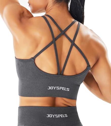 JOYSPELS Sport-BHs für Damen, überkreuzter Rücken, gepolsterter Sport-BH, mittlere Unterstützung, Yoga-Workout-Tops, Dunkel_Grau, Small von JOYSPELS