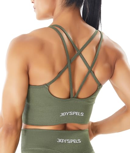JOYSPELS Sport-BHs für Damen, überkreuzter Rücken, gepolsterter Sport-BH, mittlere Unterstützung, Yoga-Workout-Tops, Olivgrün, Medium von JOYSPELS