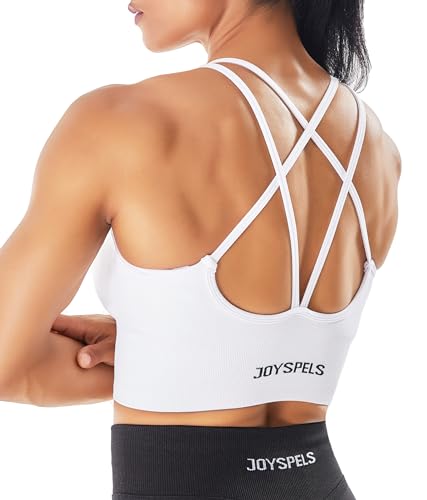 JOYSPELS Sport-BHs für Damen, überkreuzter Rücken, gepolsterter Sport-BH, mittlere Unterstützung, Yoga-Workout-Tops, Weiss/opulenter Garten, Medium von JOYSPELS