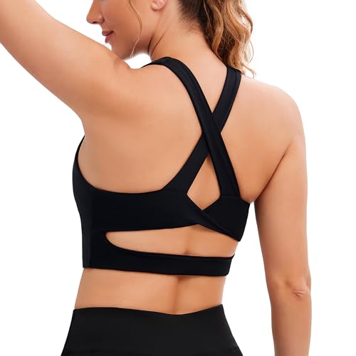 Sport-BHs für Damen, überkreuzter Rücken, gepolstert, Workout-Tank-Tops, mittlere Unterstützung, bauchfreies Top für Damen, Schwarz, Large von JOYSPELS