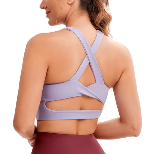 Sport-BHs für Frauen, überkreuzter Rücken, gepolstert, Workout-Tanktop, mittlere Unterstützung, bauchfreie Tops für Damen, Helles Violett, Large von JOYSPELS