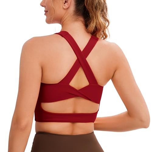 Sport-BHs für Frauen, überkreuzter Rücken, gepolstert, Workout-Tanktop, mittlere Unterstützung, bauchfreie Tops für Damen, Rot (Rumba Red), Large von JOYSPELS