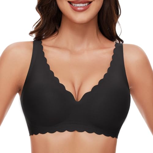 JOYTREE Soft BH Damen Ohne Bügel mit tiefem V-Ausschnitt Bequemer Seamless Tshirt Bügelloser BHS Minimizer Klassische Bustier Nahtloser Bra mit zusätzlicher Verlängerung - Schwarz M von JOYTREE
