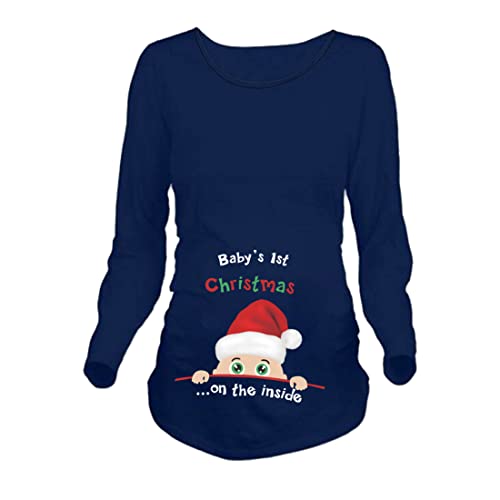 JOYU Baby's 1st Christmas Damen Umstands-Top Merry Christmas Lustiger Aufdruck Seite gerüschte Schwangerschaft T-Shirts, Blau, lange Ärmel, X-Large von JOYU