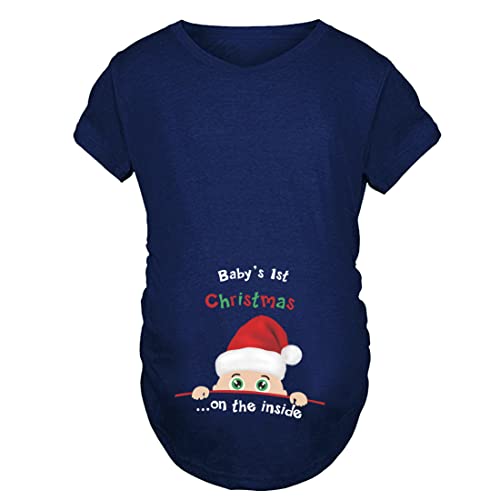 JOYU Baby's 1st Christmas Damen Umstands-Top Merry Christmas Lustiger Druck Seite gerafft Schwangerschaft T-Shirts, Blau, kurze Ärmel, M von JOYU