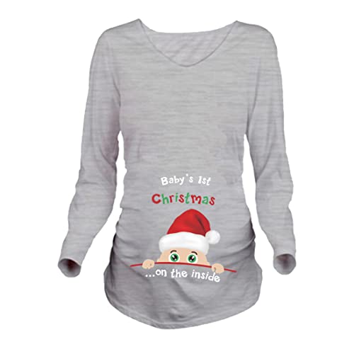 JOYU Baby's 1st Christmas Damen Umstands-Top Merry Christmas Lustiger Druck Seite gerafft Schwangerschaft T-Shirts, Grau, lange Ärmel, M von JOYU